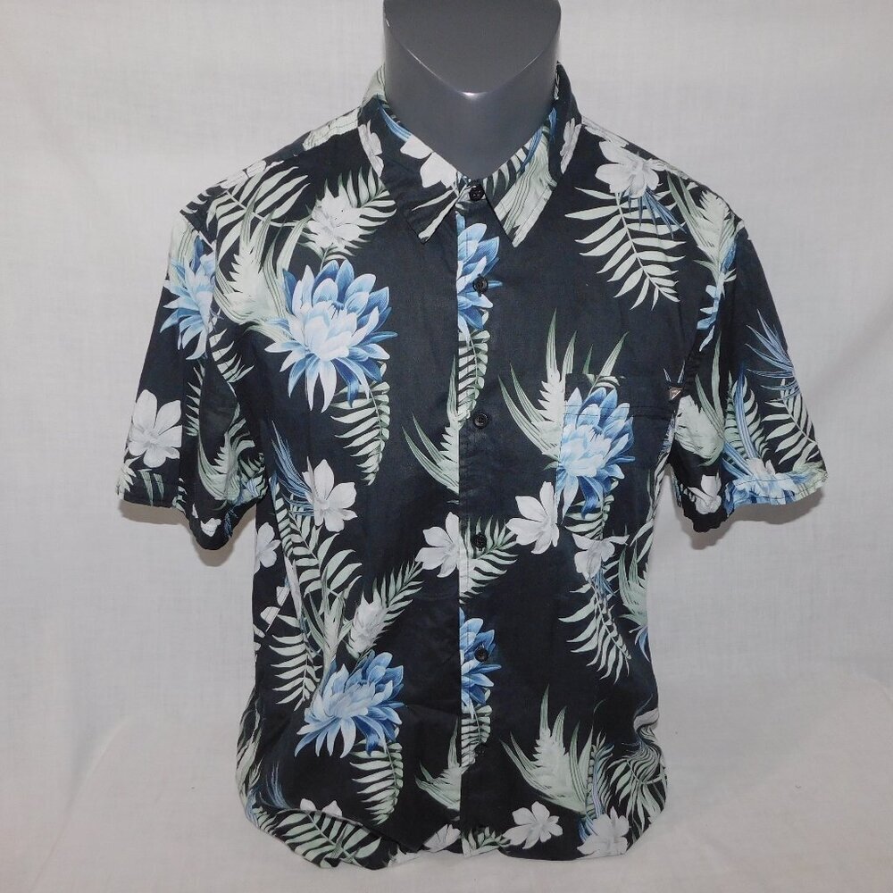 GUESS Black Blue White Floral Short Sleeve Button Front Shirt Mens XL